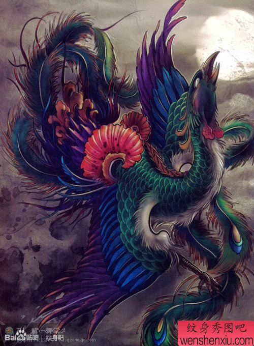 一幅流行流行的彩色凤凰纹身手稿