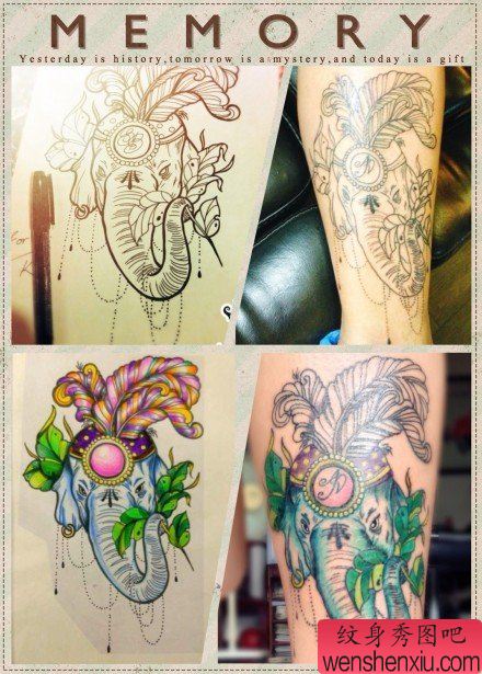 一幅时尚漂亮的彩色大象纹身手稿