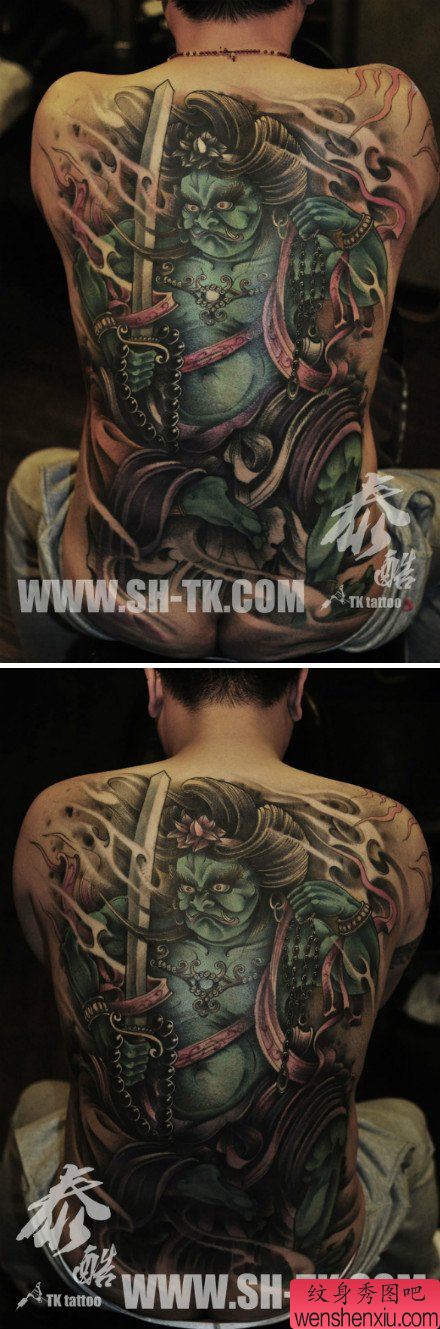 男生后背经典的新传统满背不动明王纹身图案