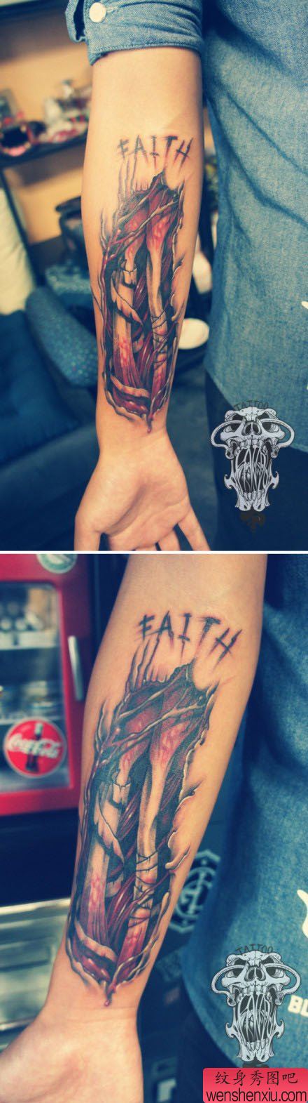 手臂超酷另类的撕皮纹身图案