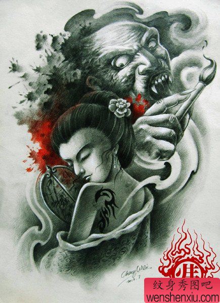 一幅潮经典的传统画皮纹身手稿