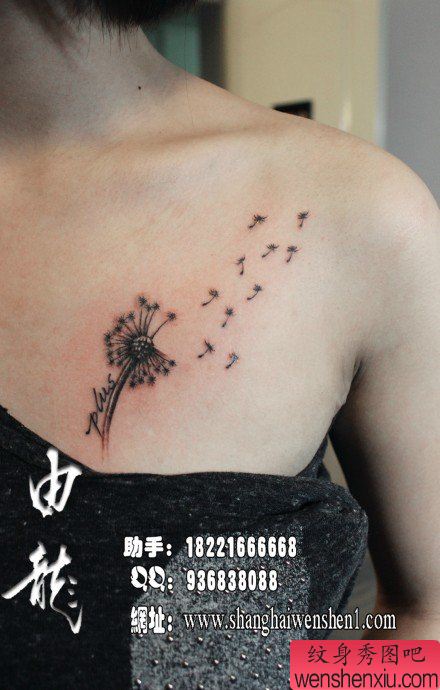 女生前胸流行流行的黑白蒲公英纹身图案
