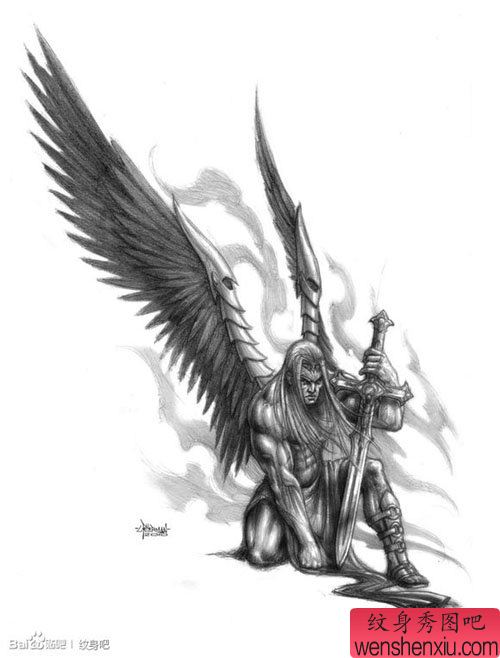 一幅流行经典的黑白男天使纹身图案