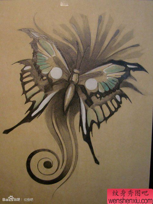 一幅流行唯美的蝴蝶纹身手稿