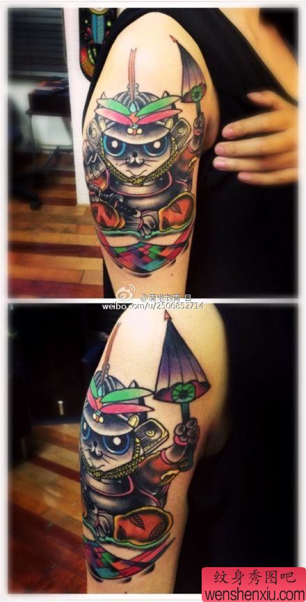 手臂流行经典的猫咪武士纹身图案