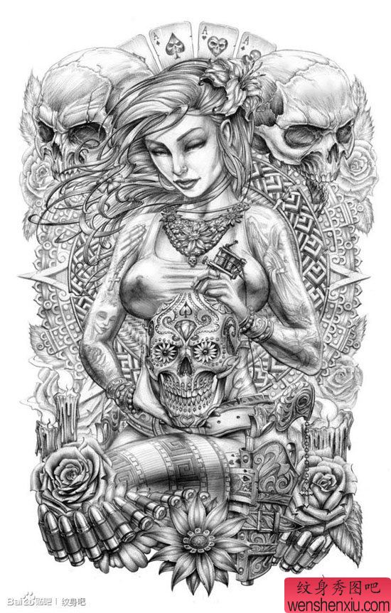 一幅流行漂亮的满背欧美美女纹身手稿