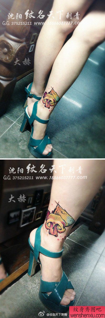 女生小腿流行小巧的彩色小骷髅纹身图案