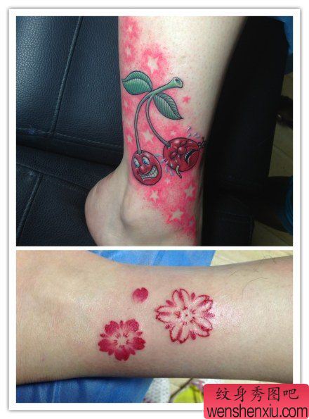 女生小腿小巧精美的彩色樱花纹身图案