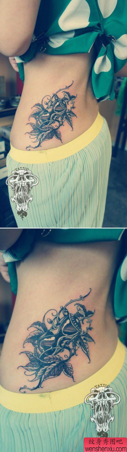 女生腰部一幅唯美流行的沙漏纹身图案