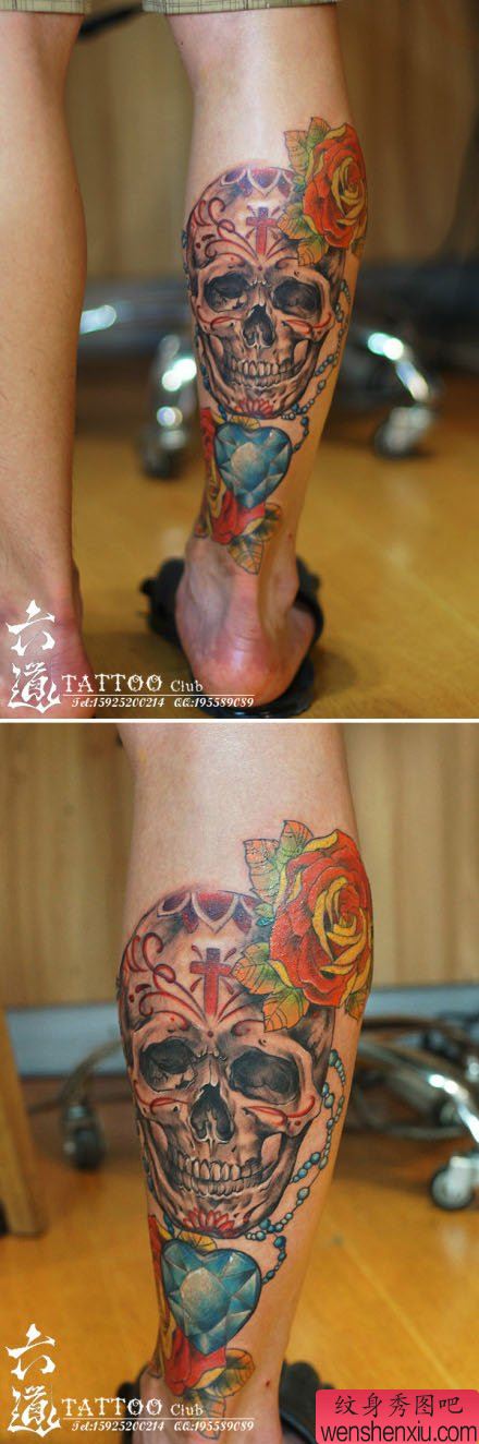 腿部流行流行的骷髅爱心钻石纹身图案