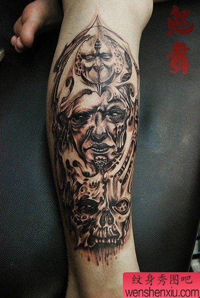 腿部流行经典的欧美骷髅与鬼头纹身图案