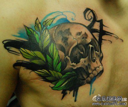 男性前胸流行经典的欧美素描骷髅纹身图案