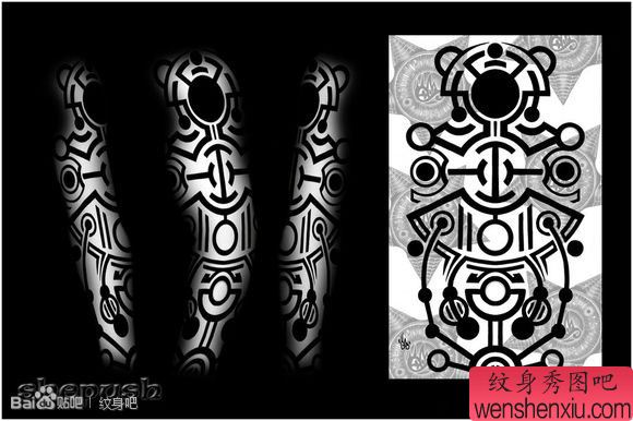 一幅流行漂亮的图腾花臂纹身手稿