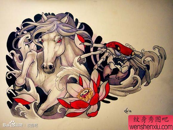 一幅经典流行的马与螃蟹纹身手稿