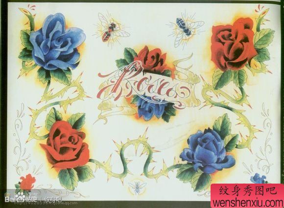 一组流行流行的彩色玫瑰花纹身手稿