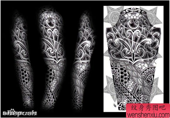 手臂一幅流行经典的图腾花臂纹身手稿