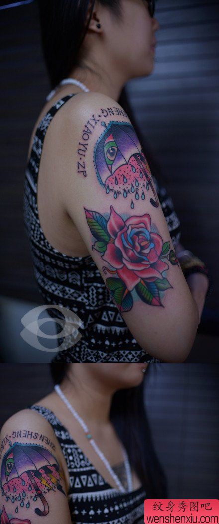 手臂流行漂亮的雨伞与玫瑰花纹身图案