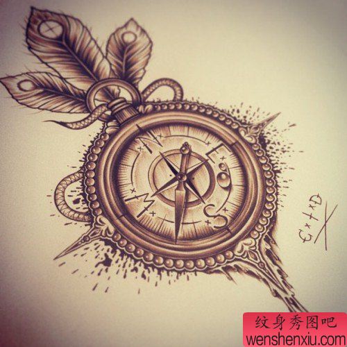 一幅流行唯美的指南针纹身手稿