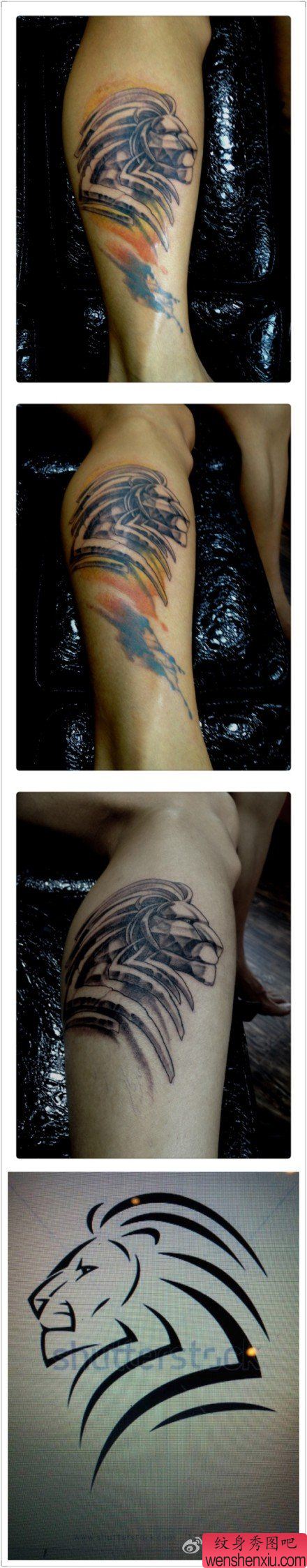 腿部帅气流行的石雕狮头纹身图案