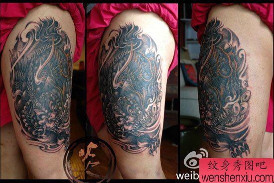 男性腿部经典帅气的招财貔貅纹身图案