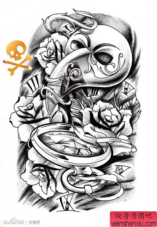 一幅流行唯美的怀表与玫瑰花纹身手稿