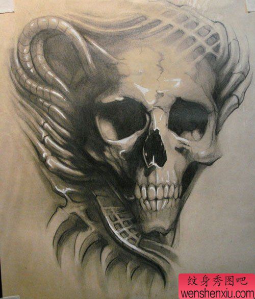 一幅经典流行的欧美写实骷髅纹身手稿