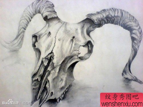 一幅流行经典的黑白羊头骷髅纹身图案
