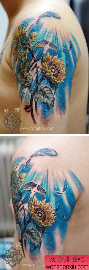 手臂漂亮精美的彩色向日葵花纹身图案