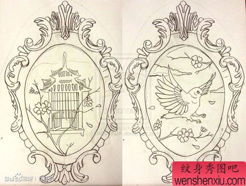 一幅唯美流行的小鸟与鸟笼情侣纹身图案