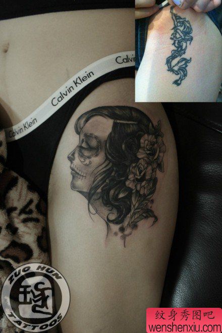 腿部流行漂亮的亡灵装女郎纹身图案