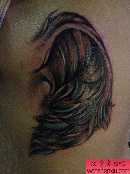 美女侧腰流行精美的翅膀纹身图案