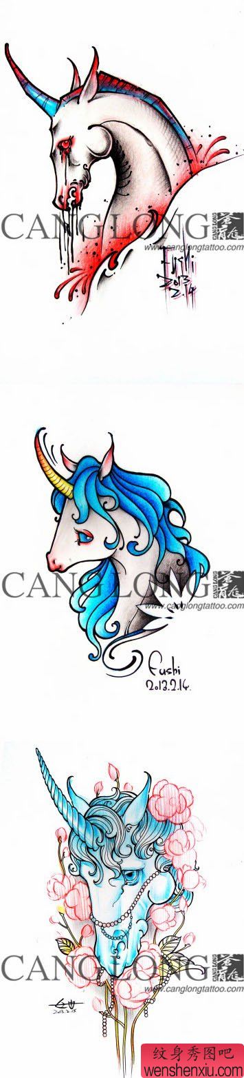 一组精美帅气的独角兽纹身手稿