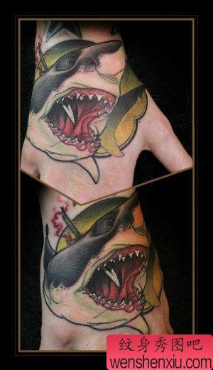 手臂帅气经典的一幅鲨鱼纹身图案