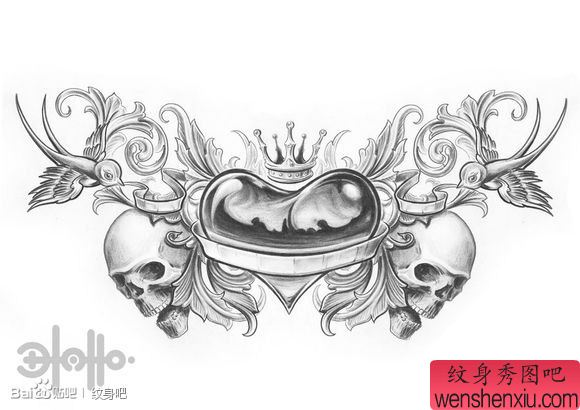 一幅超酷经典的爱心皇冠纹身手稿
