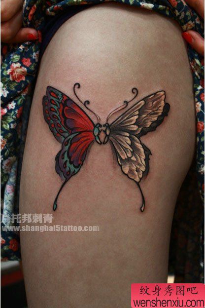 女生腿部唯美流行的蝴蝶纹身图案
