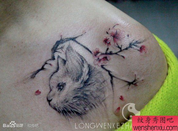女生胸前可爱的猫咪与梅花纹身图案