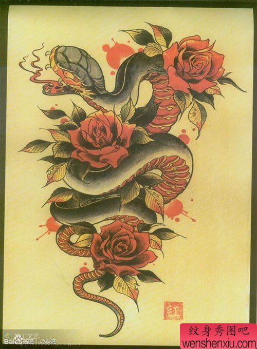 一幅帅气流行的school风格蛇纹身手稿