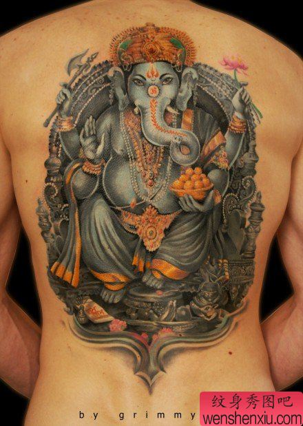 后背一幅欧美3D彩色象神纹身图案