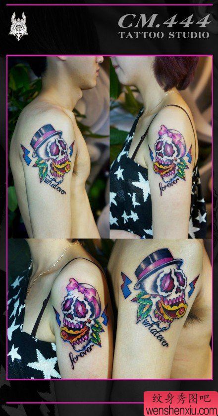 手臂流行精美的情侣骷髅纹身图案