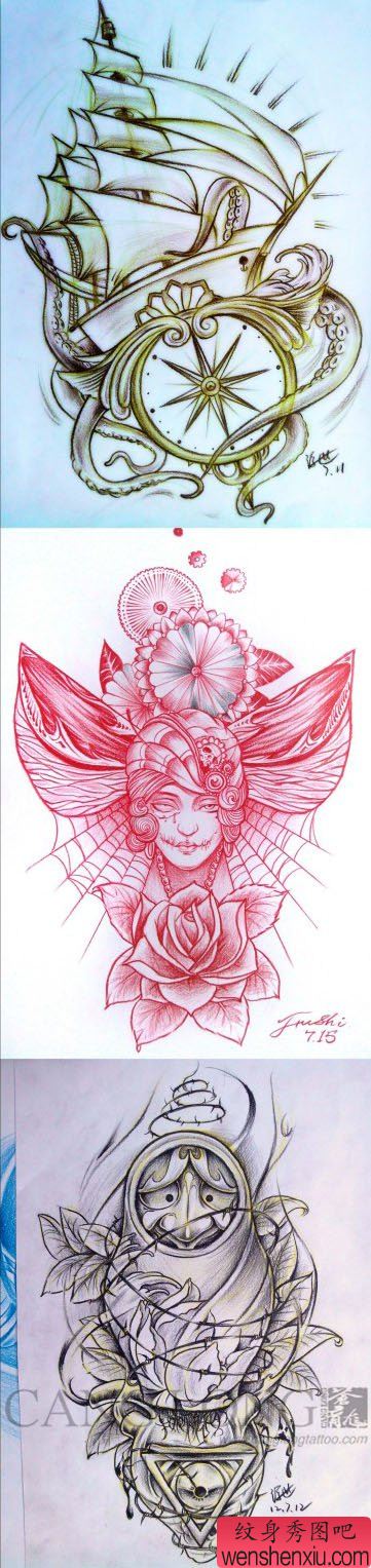 一组流行流行的school风格的纹身手稿