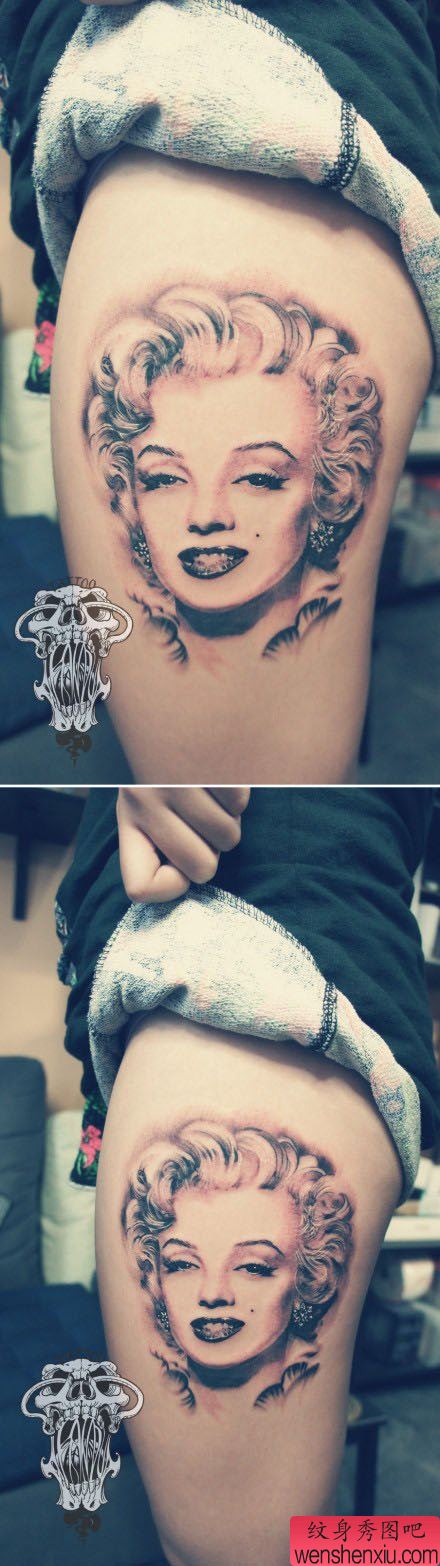 腿部漂亮的玛丽莲梦露肖像纹身图案