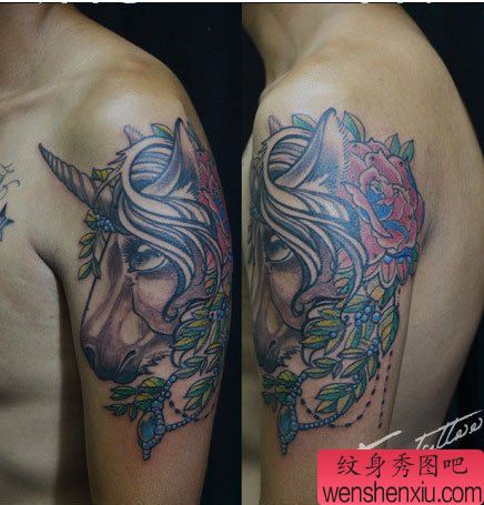 手臂一幅胖胖的独角兽纹身图案