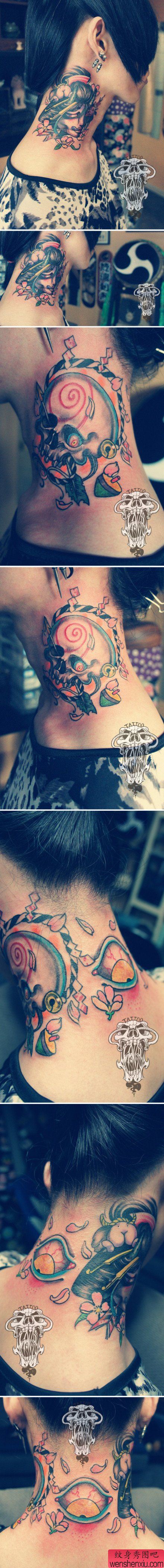 脖子处流行经典的艺妓骷髅与眼睛纹身图案