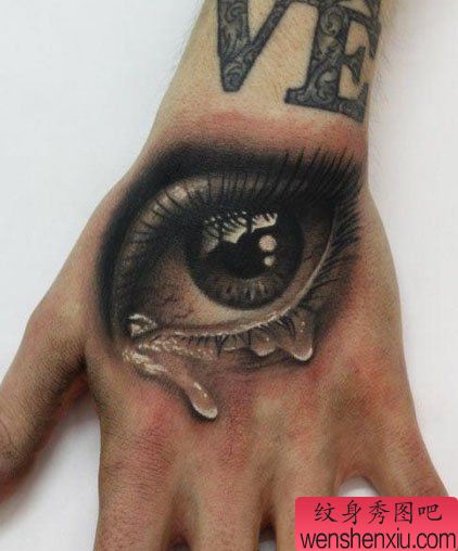 手背一幅经典流行的黑白眼睛纹身图案
