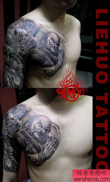 男性前胸超帅的一幅达摩纹身图案
