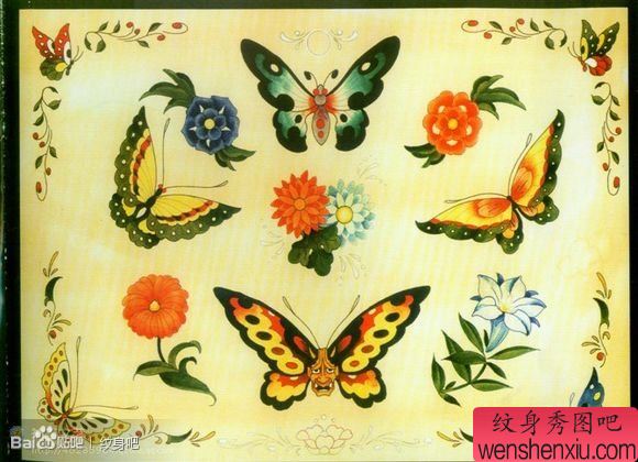 一组漂亮流行的蝴蝶纹身手稿