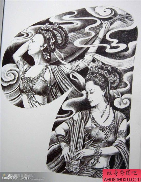 流行漂亮的一幅敦煌飞天半胛纹身手稿图案