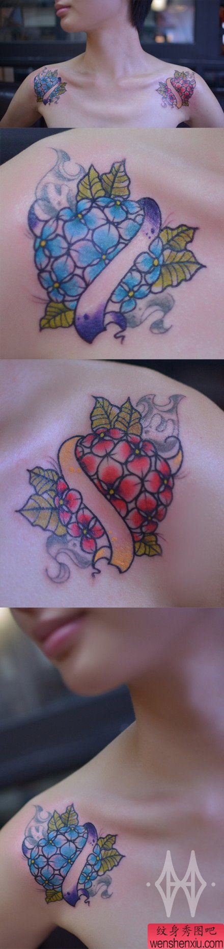 女生肩膀处小巧精美的绣花球纹身图案