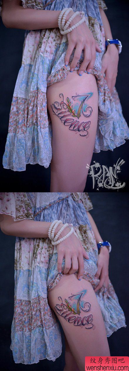 女生腿部流行唯美的彩色花体字母纹身图案