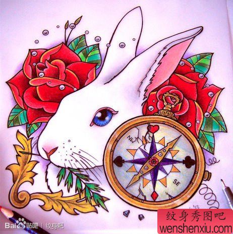 一幅经典流行的兔子与指南针纹身手稿
